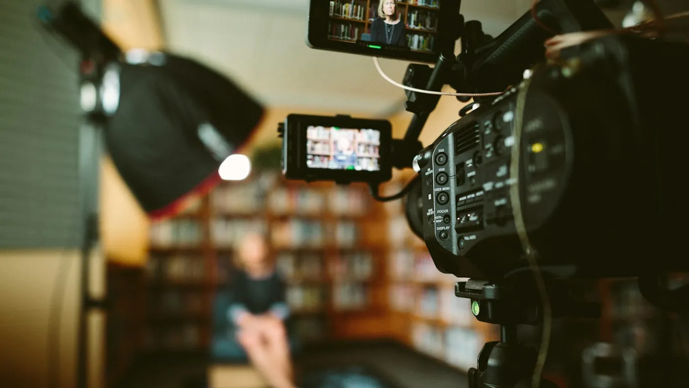 A camera set up to record an interview with a creator