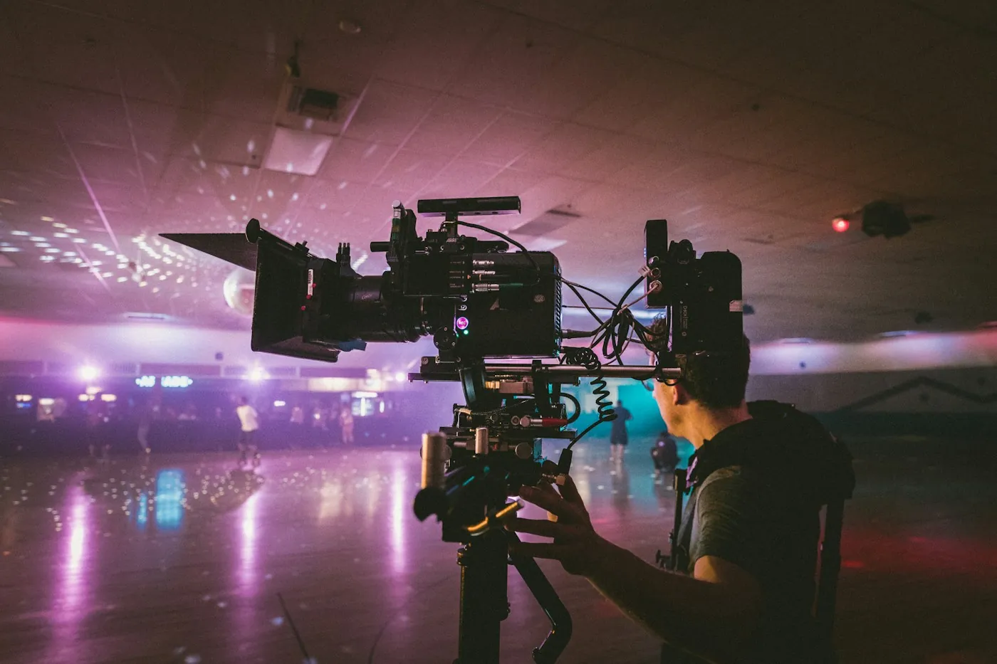 A film crew shooting content in a lit studio